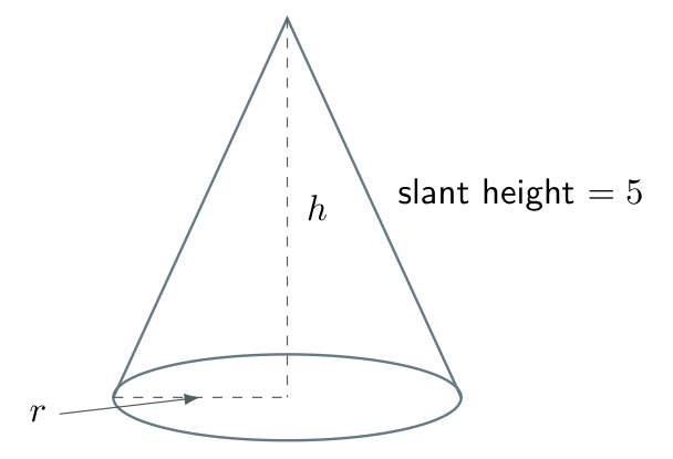 Right circular cone with radius r, perpendicular height h and fixed slant height 5 centimetres