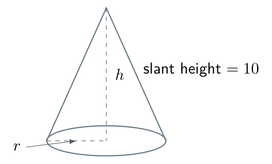Cone with fixed slant height 10 centimetres and variable radius r and height h