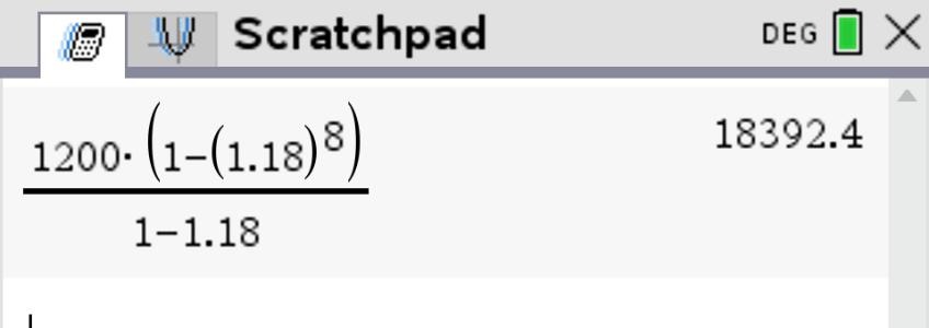TI-Nspire Scratchpad evaluating 1200 times the finite geometric sum expression and returning 18392.4