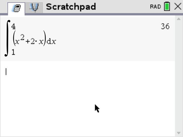 TI-Nspire CX evaluating the integral from 1 to 4 of x squared plus 2x