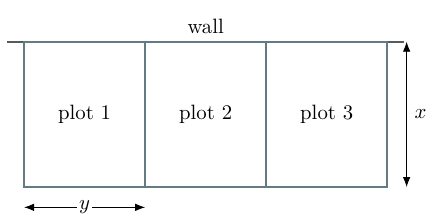 Three adjacent garden plots beside a wall