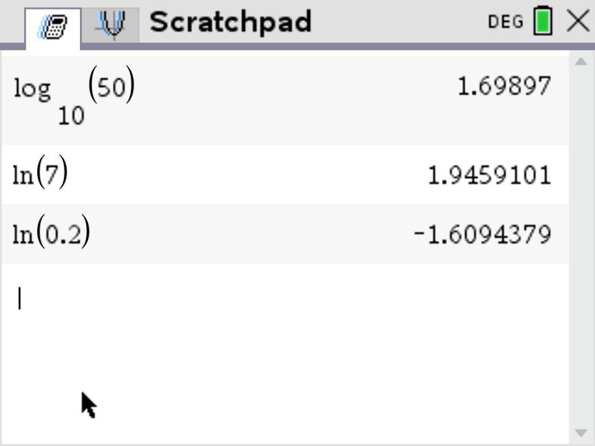 TI-Nspire CX showing log base 10 of 50 = 1.69897, ln 7 = 1.9459101, and ln 0.2 = −1.6094379.