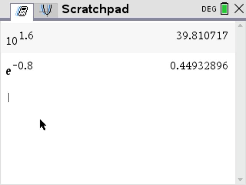 TI-Nspire CX showing 10 raised to 1.6 = 39.810717 and e raised to −0.8 = 0.44932896.