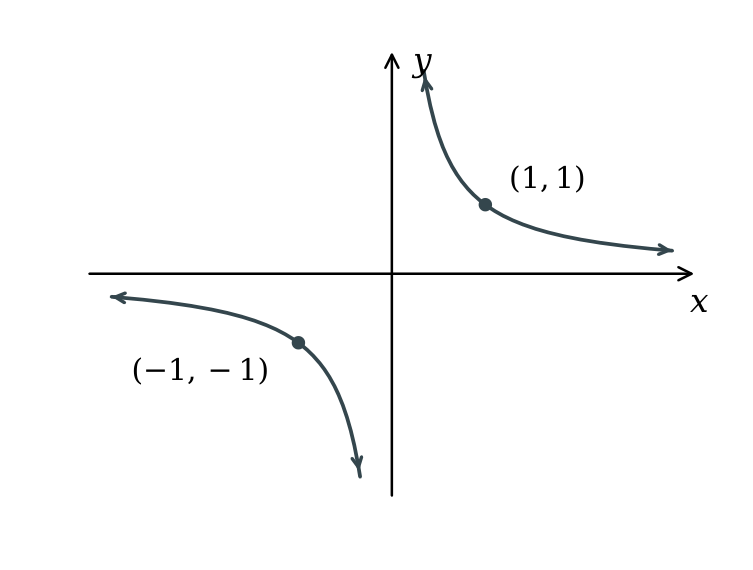 The two branches of y = 1/x, with asymptotes x = 0 and y = 0.
