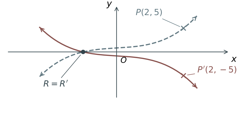 Reflection across the x-axis sends P(2,5) to P prime (2,−5), while the root R(−1,0) stays fixed.