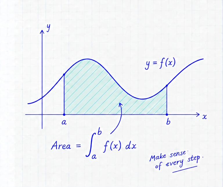 A blue wavy curve y = f(x) stays above the x-axis. The area beneath it is hatched between the vertical boundaries x = a and x = b. Area equals the integral from a to b of f(x) dx. Make sense of every step.
