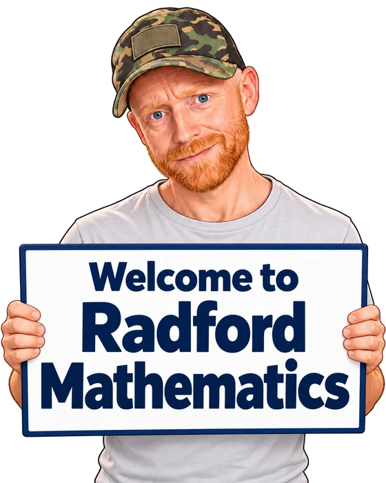 John Radford holding a board saying Welcome to Radford Mathematics.