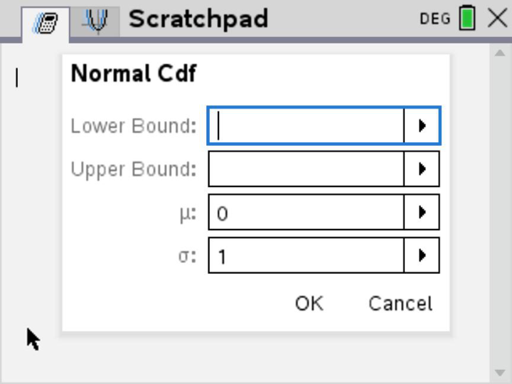 TI-Nspire CX Normal Cdf dialog with lower bound, upper bound, mean and standard deviation fields.