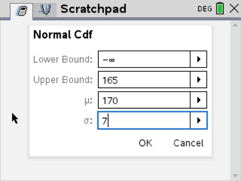 TI-Nspire CX Normal Cdf input bounds for heights below 165 cm.