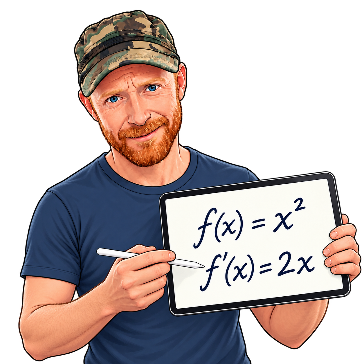 Cartoon of John Radford smiling and holding an iPad Pro and Apple Pencil. The screen shows f(x) = x squared and its derivative f prime(x) = 2x.