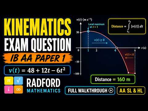 IB Math AA Kinematics: Velocity Function, v(t)=48+12t−6t^2  | Paper 1 Exam Question Walkthrough — YouTube thumbnail
